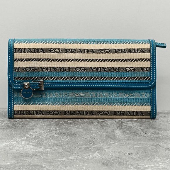 Prada Vintage Blue Print Canvas Leather Silver Logo Large Size Wallet